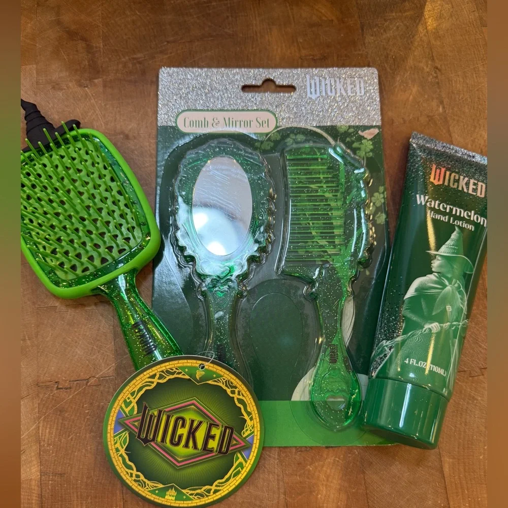 Wicked Green Hair Brush & Mirror Comb Combo with Watermelon Hand Lotion NEW
